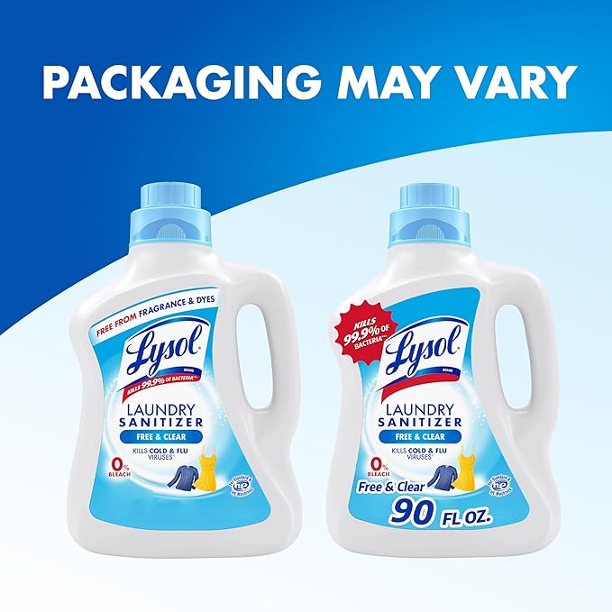 Lysol Laundry Sanitizer Additive, Free & Clear, Free from Fragrance and Dyes, 0% Bleach Laundry Sanitizer, Bacteria-causing Laundry Odor Eliminator, Unscented, 90 Fl Oz (Pack of 1) - Package May Vary