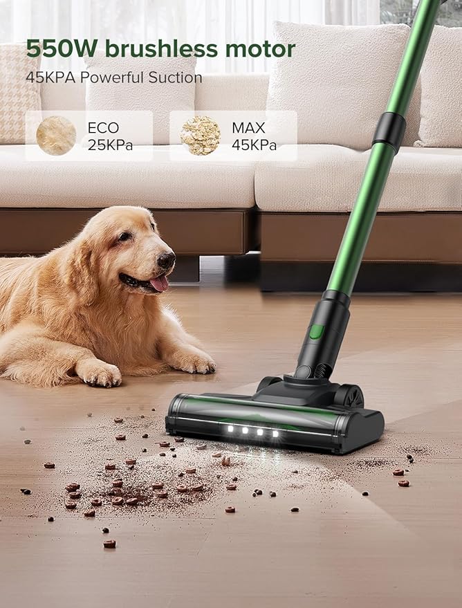 Vexilar Cordless Vacuum Cleaner, 550W/45Kpa/60Mins, Cordless Stick Vacuum Cleaner with Self-Standing and Touch Screen, 6-in-1 Lightweight, Rechargeable Vacuum for Pet Hair Carpet Hardwood (Green)