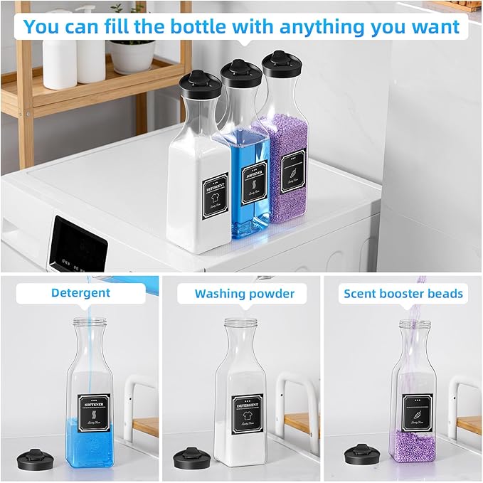 Laundry Detergent Dispenser,54oz Fabric Softener Dispenser,Plastic Liquid Laundry Detergent Container,Laundry Detergent Organizer for Laundry Room Organization with 4 Labels,3 Pack,Black