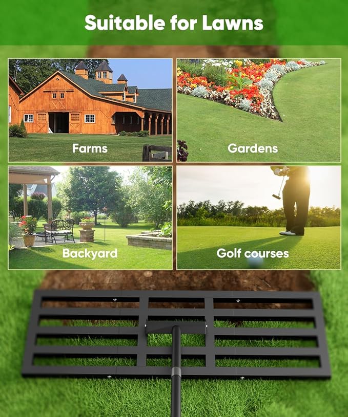 36x10 inch Lawn Leveling Rake, Upgraded Lawn Leveler Tool Heavy Duty Reinforced Connection, Garden Rake with Adjustable Long Handle, Ground Leveler for Yard Smoothing Soil Grass Dirt Sand