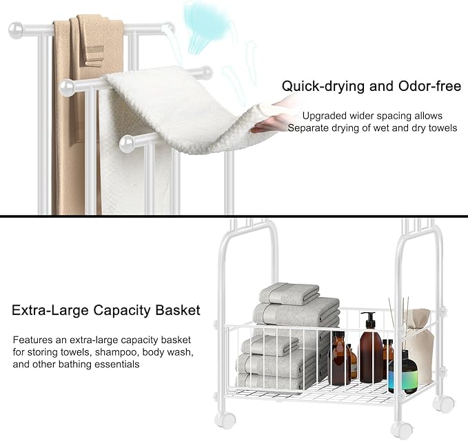 Freestanding Towel Rack for Bathroom, 3-Tier Durable White Metal Stand with Wheels and Basket, Towel Drying Rack, Multi-Use Blanket Rack for Indoor/Outdoor Bathroom