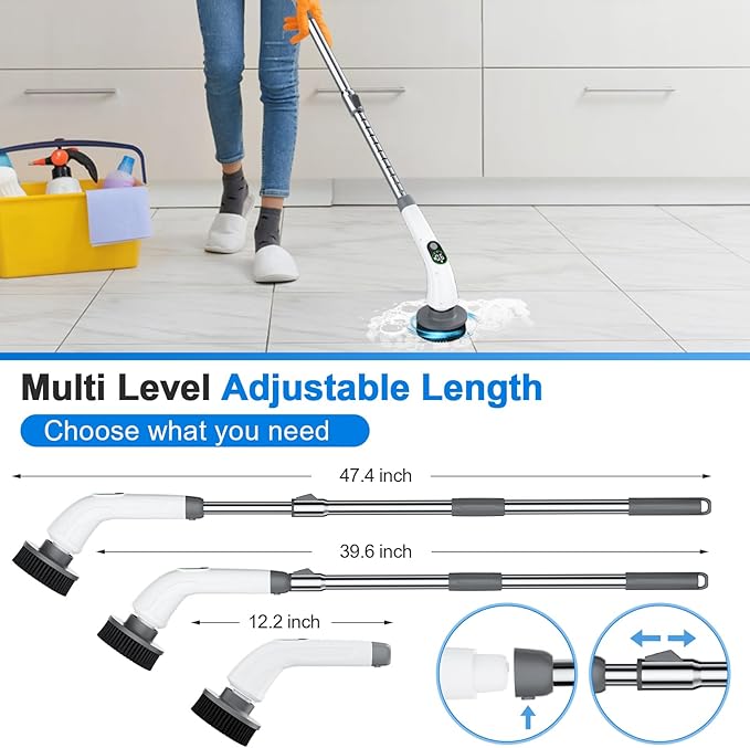 Electric Spin Scrubber, 550 RPM Cordless Home Cleaning Brush with Extended Handle, 3 Speeds, 8 Replacement Heads, IPX7 Waterproof, LCD Display – Power Shower Scrubber for Bathroom, Tub, Floor, Tile