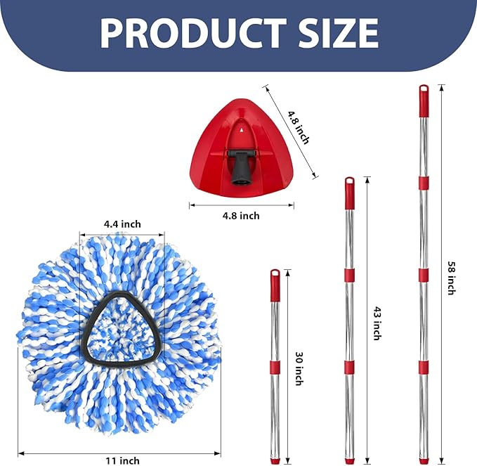 Spin Mop Replacement Set for O-Ceda 2-Tank System, Includes 2 Mop Head Replacement, 1 Mop Handle (30-58in Adjustable 4-Section Pole), 1 Spin Base