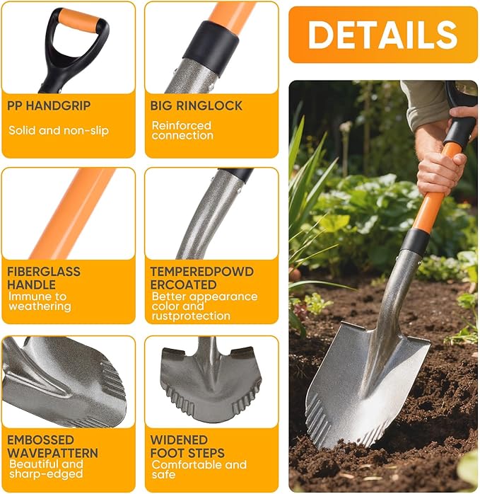 28 inches，Small Shovel Garden Shovel for Digging with Trenching Blade and D-Handle,Short Handled Round Shovel Survival Shovel for Car， Perfect for Digging Soil, Dirt, and Gravel.