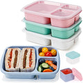 Caperci Wheat Straw Bento Lunch Box Containers for Adults & Kids - 3-Compartment Reusable Meal Prep Containers for School, Work, Travel, Set of 4 (Multicolor & Clear Lids)