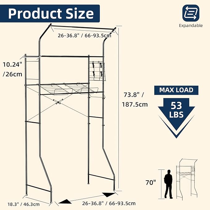 Laundry Room Storage Shelf, 2 Tier Metal Over Washer and Dryer Shelves, Washing Machine Shelf with Hanger Rods & Hooks, Expandable Bathroom Space Saver Shelf, 26–36.8" L x 18.3" W x 73.8" H, Black