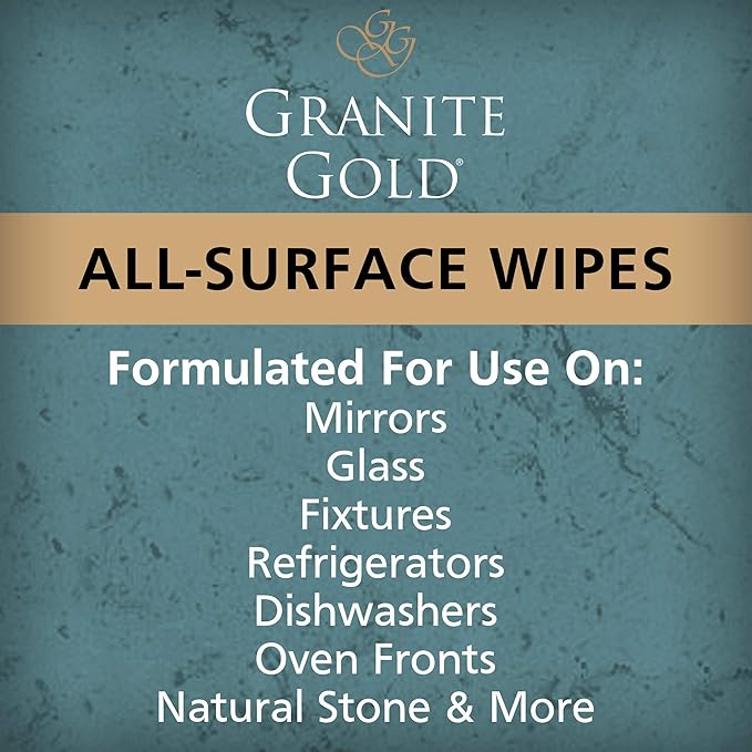 Grantie Gold All-Surface Cleaning Wipes, Deep-Cleans Stainless Steel, Mirrors, Glass, Appliances, Natural Stone, Brass, & Copper, Safe on Food-Prep Surfaces, Streak-Free, 40 Pre-Moistened Wipes