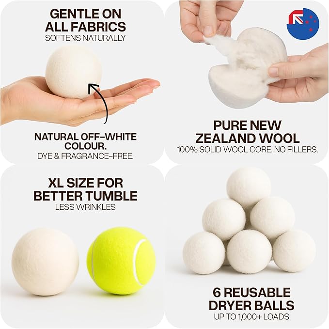 WoollyPals Dryer Balls (6-Pack, XL Size) - 100% New Zealand Wool - No More Dryer Sheets - Eco Dryer Balls - Reusable - Softens Laundry - Reduces Drying Time & Static - with Storage Bag (Plain White)