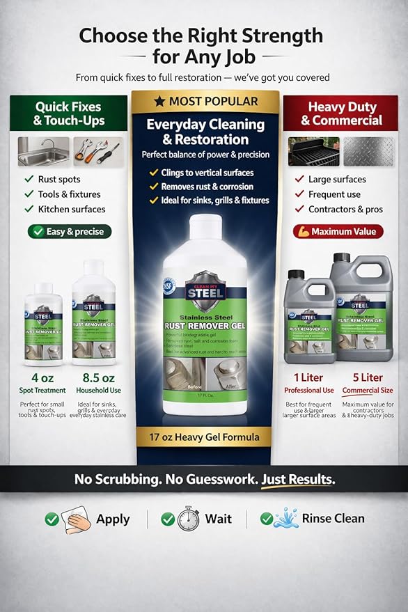 Heavy-Duty Rust Stain Remover for Industrial Use on Stainless Steel, Cleaner and Rust Remover Gel Needs No Scrubbing, Simply Apply and Rinse - 1L