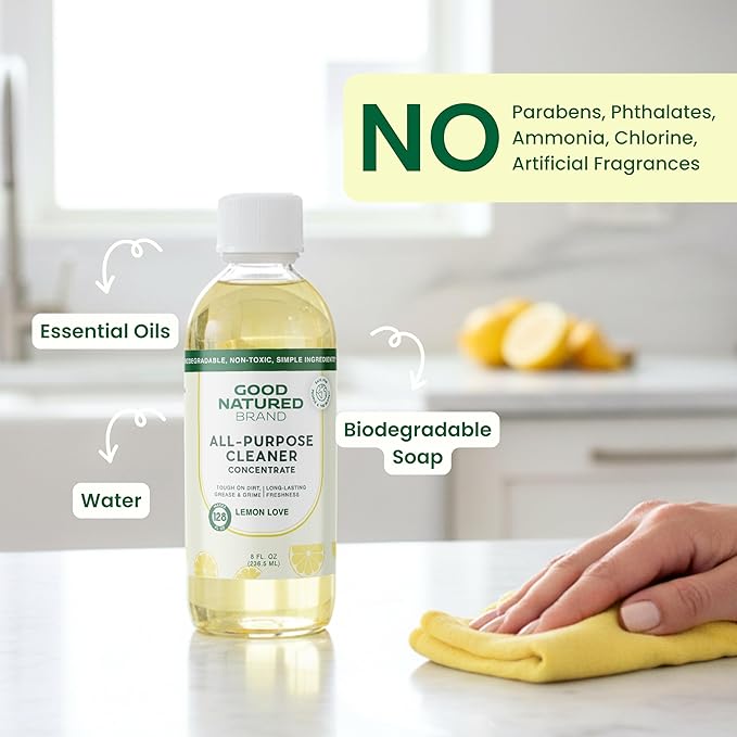 Good Natured Brand All-Purpose Cleaner Concentrate | 8oz makes 128oz | Lemon Essential Oil | 16X Concentrated Natural Multi-Surface Cleaner