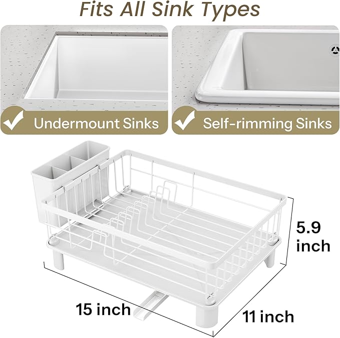 SNTD Dish Drying Rack - Small Dish Rack for Kitchen Counter, Stainless Steel Dish Drainer with Utensil Holder and Drainboard, 11" W x 15" L (White)