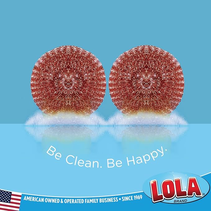 LOLA Copper Mesh Scouring Pad, 18 Grams, 2 Pack, Heavy Duty Cleaning Pads, Copper Coated Knitted Flat Wire Mesh, Recyclable, Cleans Baked On Messes