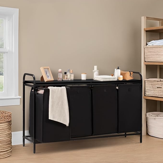 4 Section Laundry Hamper with Shelf, Laundry Basket Organizer with 4 Pull-Out Removable Bags 4×11.5Gal(43.4L), Laundry Sorter for Clothes Organization in Bedroom, Laundry Room, Black