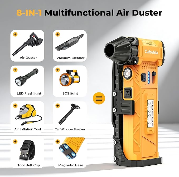 Compressed Air Duster & Vacuum 2-in-1, 180000RPM Brushless Motor Electric Air Duster with 8000mAh Battery, Rechargeable Cordless Air Blower with Window Breaker, 7-Mode Light for PC, Car, Home, Outdoor