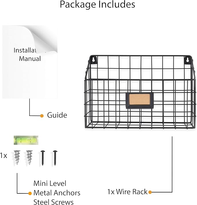 Wall35 Rivista File Holder Home Office Desk Organizer, Wall Mounted Wide Chicken Wire Mail Organizer and Magazine Holder, Metal, Black