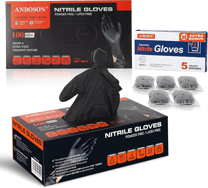 5 Mil Nitrile Gloves Black with 5 Bonus On-The-Go Pouches - Multipurpose for Hair Dye, Gardening, Painting, Pet Care & Janitorial - Touchscreen Friendly, Non-Slip Grip - 110 Pcs, Medium