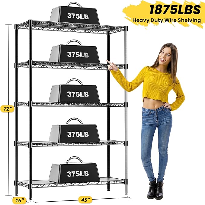 45" W Storage Shelves 5 Tier Wire Shelving, Adjustable Metal Shelving Unit with Shelf Liners, 1875LBS Heavy Duty Storage Rack for Garage Pantry Kitchen Commercial, 45" W x 16" D x 72" H, Black