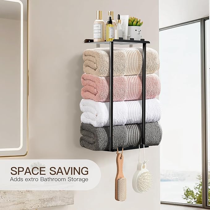 Towel Racks for Bathroom Towel Holder with Shelf & 6 Hooks Wall Mounted Towel Storage Rack for Rolled Towels Organizer, Sturdy Metal Towel Shelf, Black