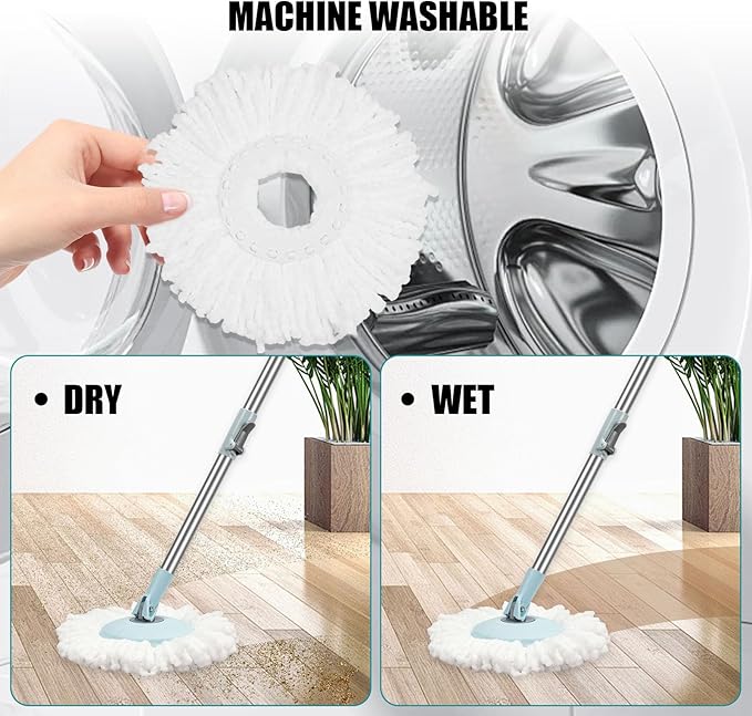 Spin Mop and Bucket with Wringer Set, 360° Spinning Mop Bucket System with 3 Microfiber Mop Replacement Heads, Adjustable Handle for Floor Cleaning (Light Blue)