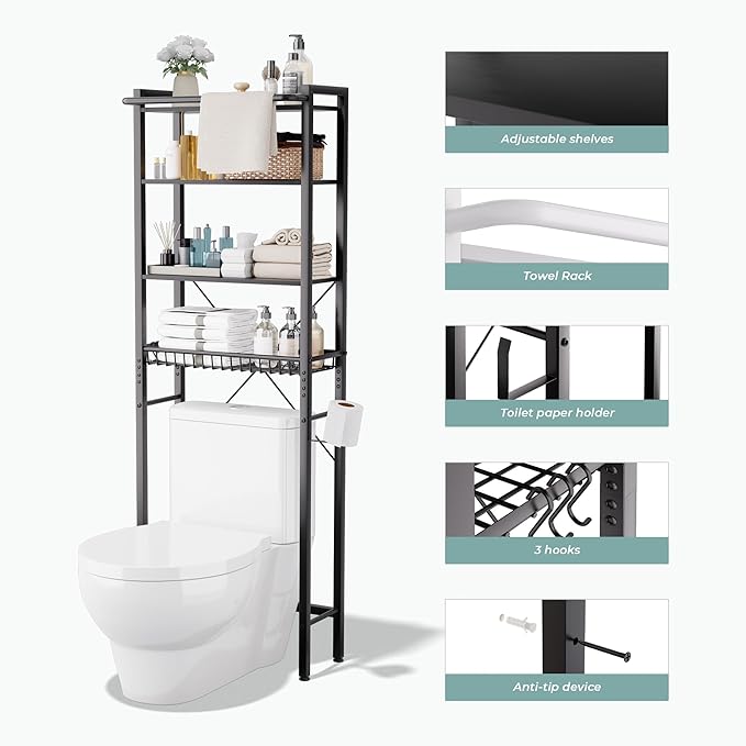 GRUSIGN Over-The-Toilet Storage Shelf, 4-Tier Bathroom Organizer Shelf, Freestanding Space Saver Shelves Over Toilet with Adjustable Shelf for Bathroom, Black