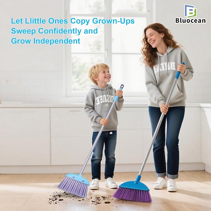 28'' Kids Mini Broom and Dustpan Set - Toddler Cleaning Toy, Toddler Household Helper, Parent-Child Interactive Play Cleaning Tool, Cute Cartoon Design, Small Safe Corner Broom (Blue)
