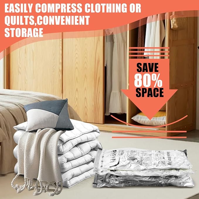 Vacuum Storage Bags, Space Saver Bags, Compression for Comforters and Blankets, Sealer Clothes Storage with Hand Pump. (6× Medium)