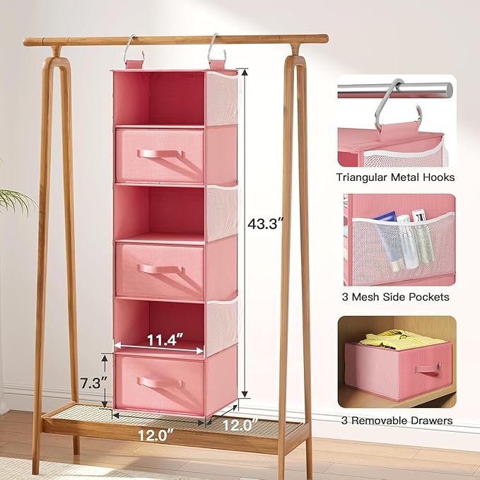 Pipishell Hanging Closet Organizer 6-Shelf, Hanging Shelves for Closet with 3 Removable Drawers & Side Pockets for Bedroom, Garment Rack and Wardrobe Organization, 12' x 12' x 43.3', Pink