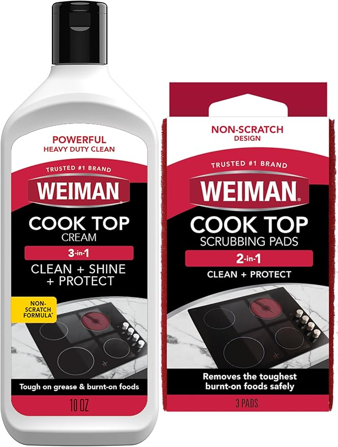 Weiman Ceramic and Glass Cooktop Cleaner - Heavy Duty Cleaner and Polish (10 Ounce Bottle and 3 Scrubbing Pads)