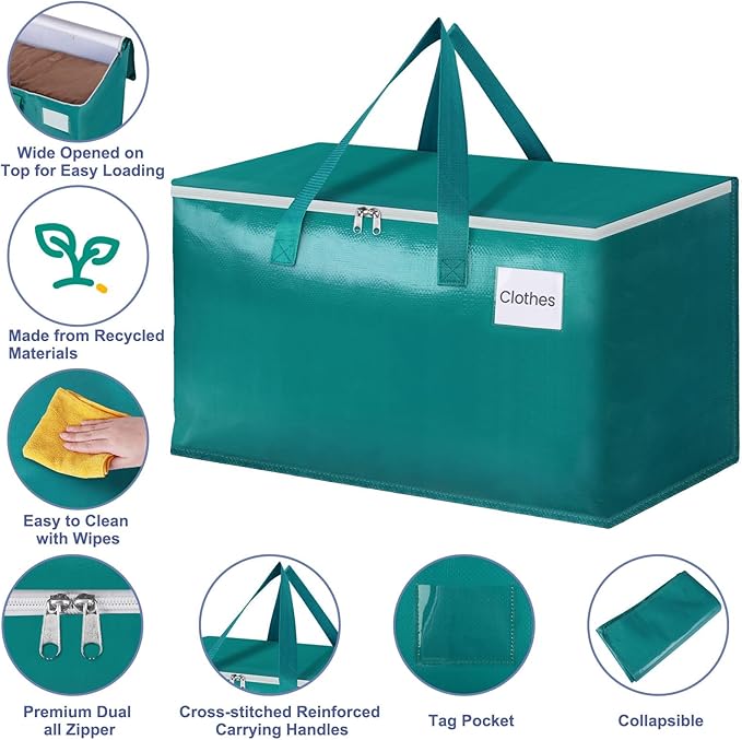 StorageRight Moving Bags-Heavy Duty Moving Boxes, Storage Totes with Zipper, Reinforced Handles and Tag Pocket-Collapsible Moving Supplies for moving, Storage and Travel 93L(Green-4 Pack)