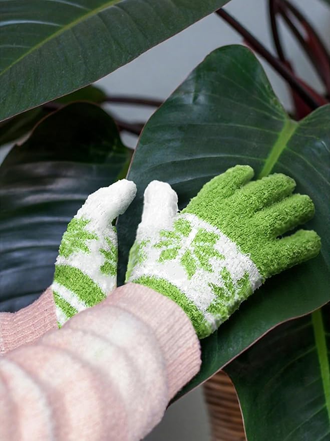 Patelai 3 Pairs Microfiber Plant Dusting Gloves Leaf Cleaning Gloves for Indoor Plants, Blinds, Furniture, House (Gray,Orange,Brown,Small)