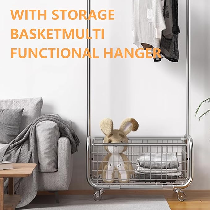 AUGMIRR Garment Rack With Storage Baskets,Clothing Rack for Hanging Clothes, Multi-functional Bedroom Clothes Rack with Wheels for Bedroom, Living Room, Easy Assembly (24inch length)
