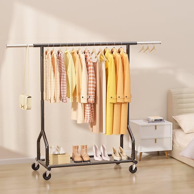 EAGMAK Heavy Duty Clothes Rack Load 424 LBS, Rolling Clothing Rack With Shelves, Adjustable Metal Clothes Hanger with Wheels, Portable Wardrobe Organizer Garment Rod for Hanging Clothes (Black)
