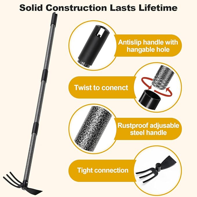 Lilyvane Garden Hoe, 2 in 1 Hand Hoe Garden Tools,45 Inch Long Handle,Garden Hoe and Cultivator for Weeding Cultivating Planting, Small Hand Rake Tiller for Flower Bed Gardening, Loosening Soil