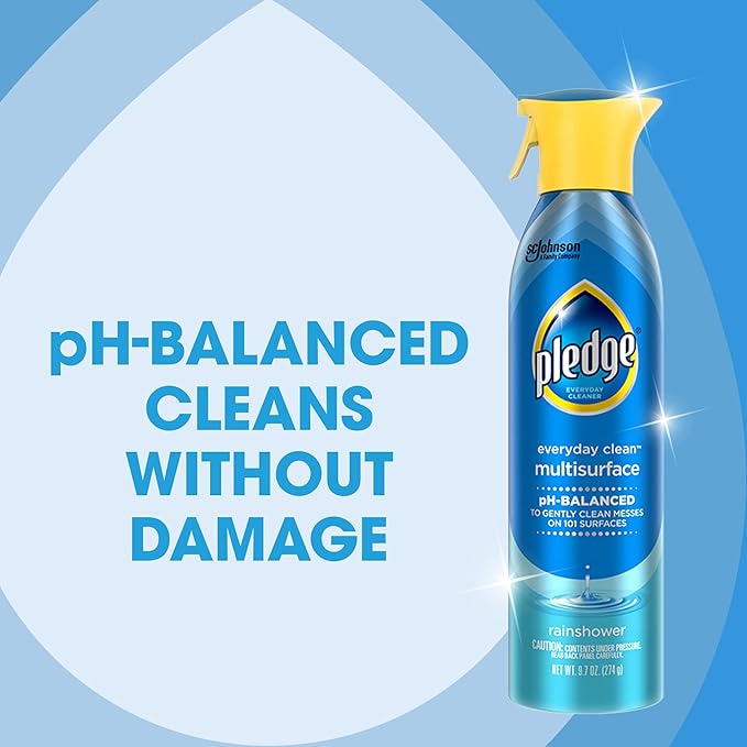 Pledge pH-Balanced Multisurface Spray, Gently Clean 101 Surfaces, Remove Dust and Messes, No Residue - Rainshower Scent, 9.7oz, Pack of 3