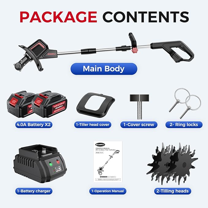 Upgraded Cordless Electric Tiller for Gardening, Total 8.0Ah Battery Powered Mini Cultivator with 2×4.0AH Batteries, 9" Width, 6.6" Depth, 48 Steel Tines Rototiller for Soil Cultivation