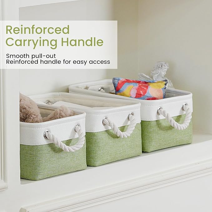 Storage Baskets for Shelves 11.8x7.9x5.2 Inch-Foldable Fabric Organizing Storage Bins with Handles, Closet & Bathroom Organizer, Home Storage for Kitchen, Office (3-Pack, White&Green)