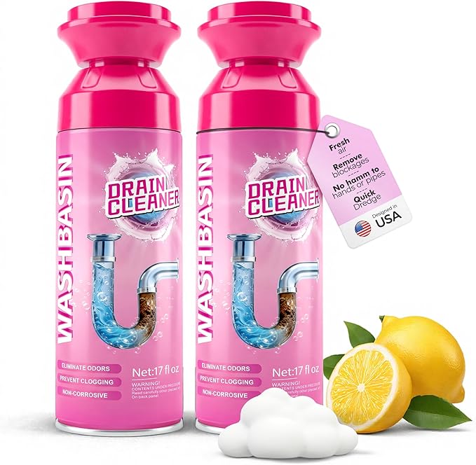 Foaming Drain Cleaner, Powerful Sink Drain Cleaner Foam That Clears Hair & Eliminates Odors, Fast Clog Removal, Safe Sink Cleaner and Deodorizer for Kitchen Sinks Bathroom Drains Tubs Showers (2Pcs)
