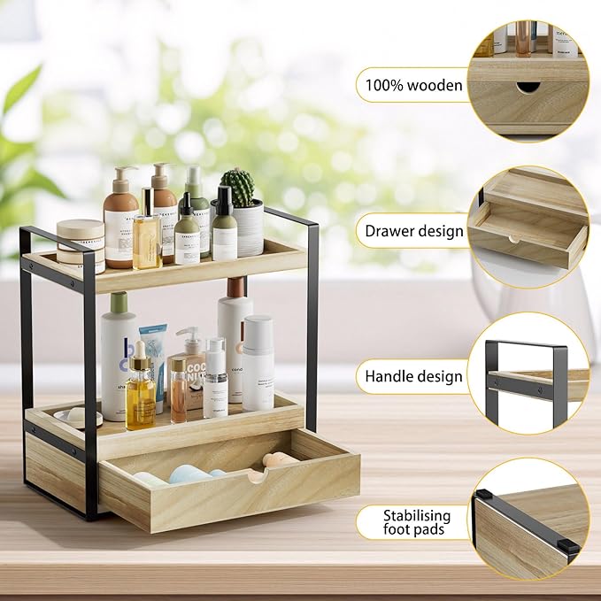 Boulphia 2-Tier Bathroom Organizer Countertop with Drawer, Wood Bathroom Counter Shelf for Storage, Vanity Organizer Countertop for Kitchen, Office
