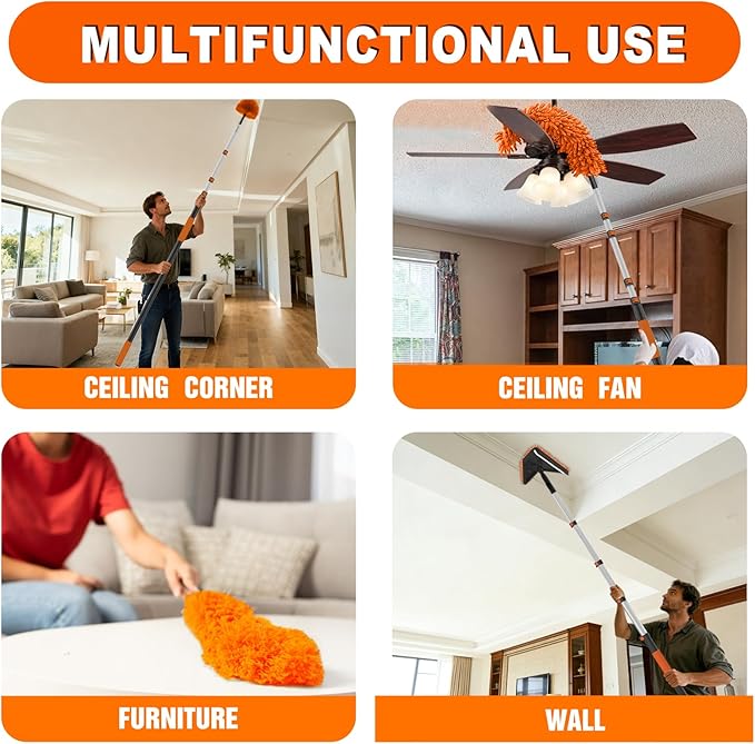 26FT Reach Duster Cleaner Kit, Dusters for Cleaning with Extension Pole, Baseboard & Wall and Window Cleaner Mop for Fan Blades, High Ceiling and Cobweb