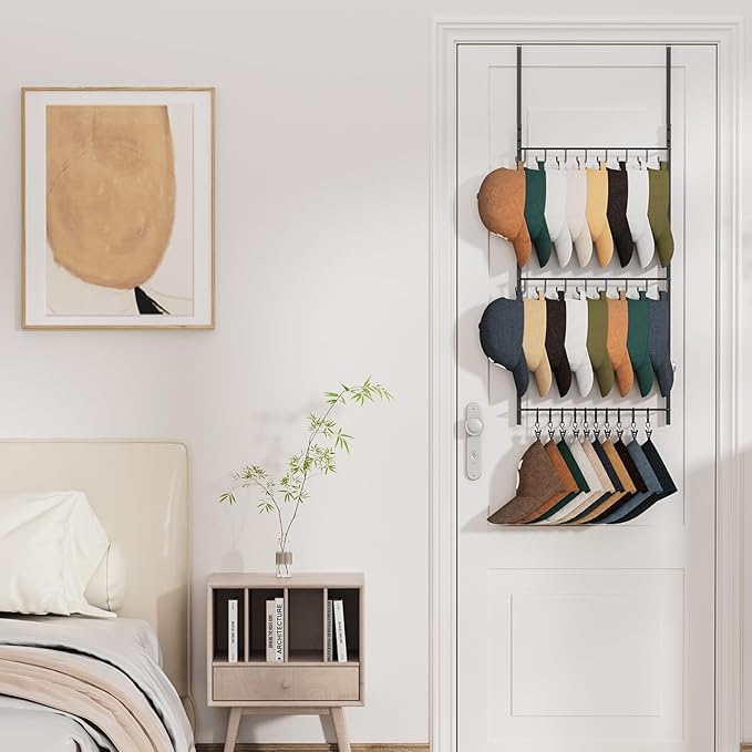 HapiRm Over Door Hat Rack - 3 Tier Wall Mounted Hat Organizer with 16 Hooks and 10 Movable Clips, Baseball Cap Organizer Storage Holds up to 26 Caps for Door, Bedroom, Closet USPTO Patent Pending