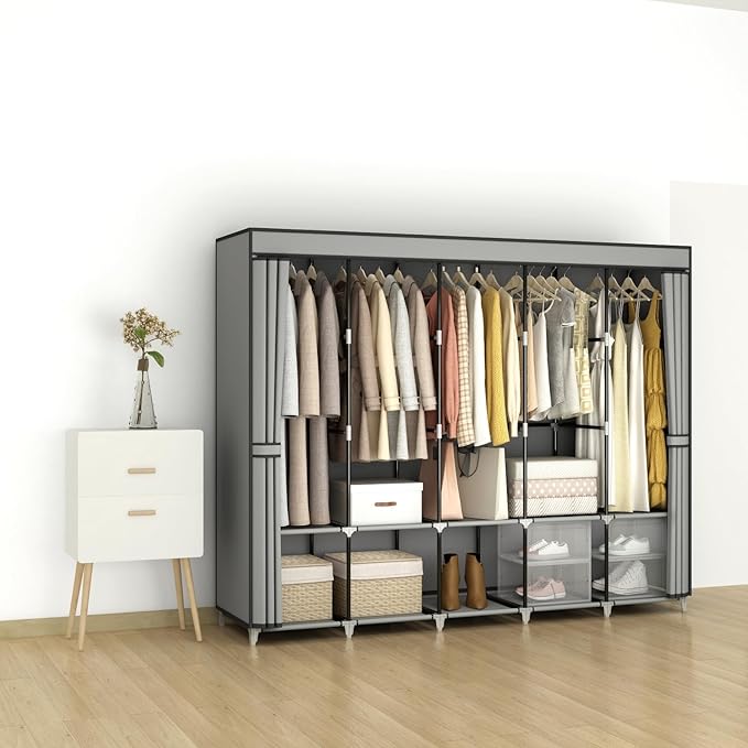MOGELAFOO 83 Inch Wide Portable Closet Wardrobe, Clothes Storage Rack Organizer with Cover, 5 Clothes Hanging Rods and 10 Storage Shelves, Grey