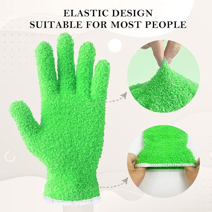 Evridwear Microfiber Dusting Gloves, Dusting Cleaning Glove for Plants, Blinds, Lamps and Small Hard to Reach Corners, 5 Pairs (Green L/XL)