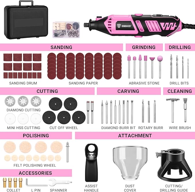 Rotary Tool Kit: DEKOPRO Power Hand Rotary Tools Mini for Wood/Metal, Electric Grinder Drill Machine Set with Flex Shaft for Carving, Cutting, Sanding, Grinding, Polishing, Engraving Pink