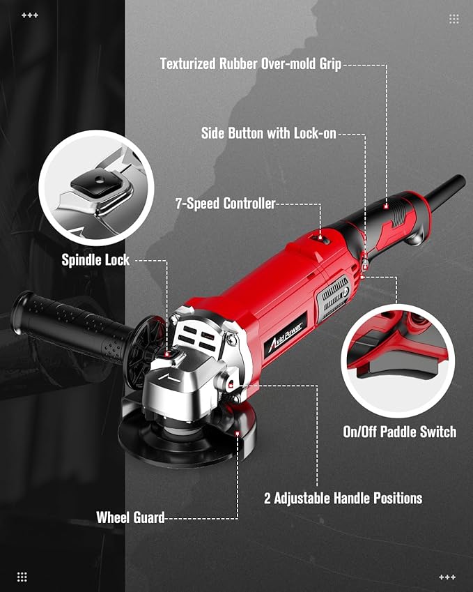AVID POWER Angle Grinder 4-1/2 Inch 8.0 Amp 1000W Electric Grinder Tool 7-Variable-Speed Metal Grinder, 11,500 RPM, Paddle Switch with Lock-on Button, Cutting & Grinding Wheels and Side Handle - Red