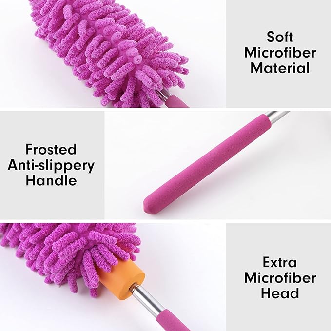 Microfiber Duster for Cleaning, Tukuos Hand Washable Dusters with 2pcs Replaceable Microfiber Head, Extendable Pole, Detachable Cleaning Brush Tool for Office, Car, Window, Furniture, Ceiling Fan