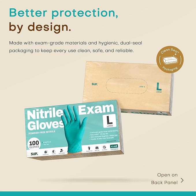 SUP Powder-Free Nitrile Gloves, 100 Count Food Safe Latex-Free Disposable Gloves for Medical Cooking Cleaning Food Prep, Teal