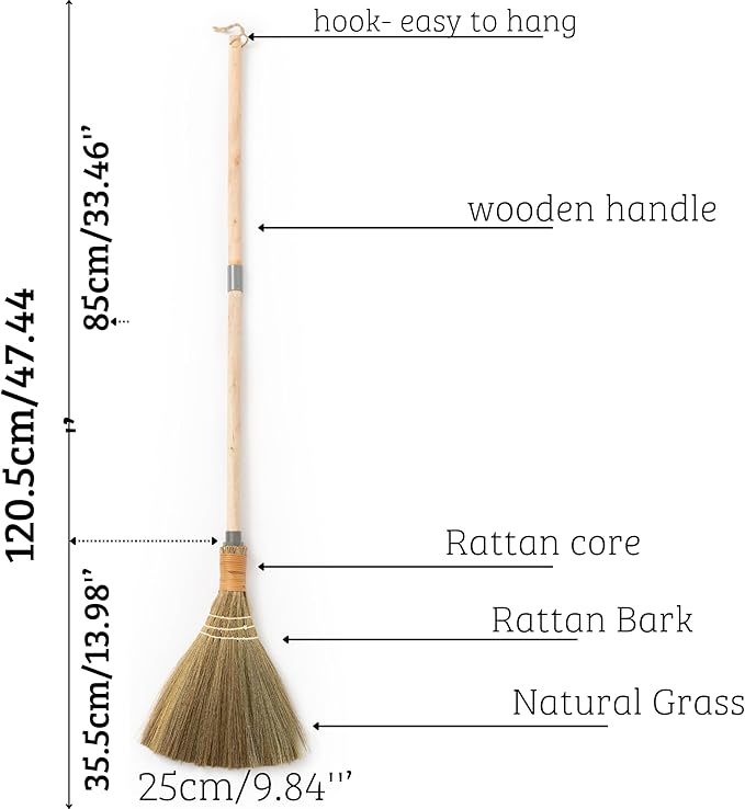 BMart Home Vietnamese Broom, Long Handle Indoor & Outdoor Floor Sweeper, Sturdy Wooden Handle for Strength & Durability, Wedding Broom - 9.84'' Width, 47.44'' Length
