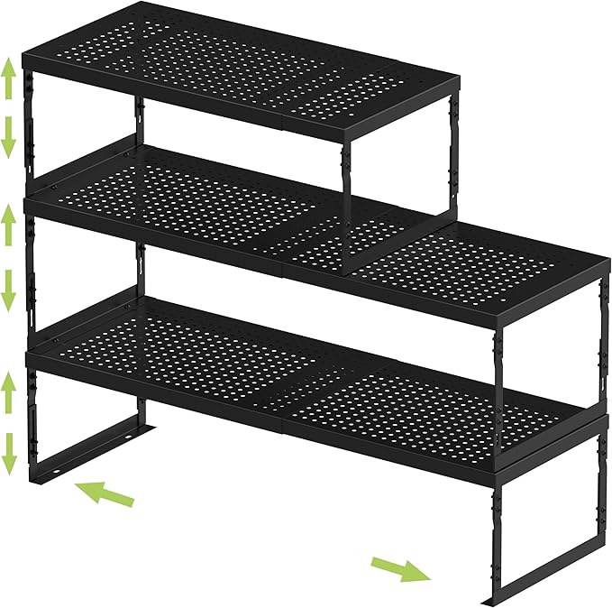 Jojocross Adjustable Stackable Metal Storage Shelf Organizer - Expandable Wire Rack with Perforations for Kitchen, Pantry, Bathroom, Cabinet & Office-Compact, Durable & Sturdy (3PACKS/Large/Black)