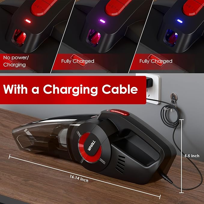 Whall Handheld Cordless Car Vacuums, Wet and Dry Use 9000Pa Strong Suction Vacuums, Rechargeable Portable Vacuum Cleaner with LED, Charging Dock, Lightweight Mini Vacuum for Car, Home and Office,Red