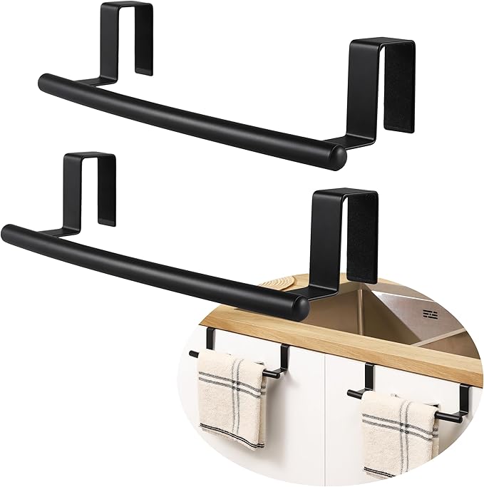 KES Over The Door Towel Rack, Over Cabinet Towel Bar Kitchen Bathroom Towel Holder Storage Dish Towel Holder, Over Cabinet Cupboard Door Towel Bar, Matte Black 2 Pack, KTH500S26-BK-P2